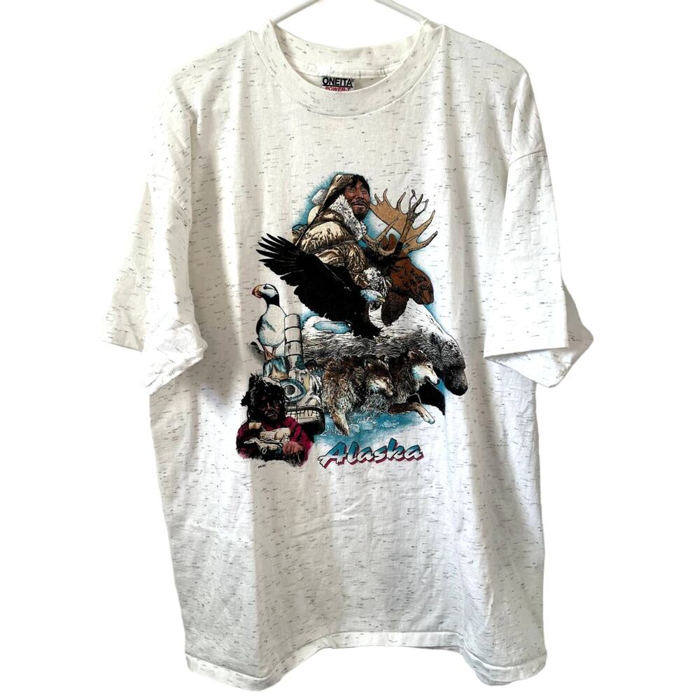 VTG 90s Oneita Power T Alaska Nature Graphic T Shirt Single Stitch XL Gray Fleck